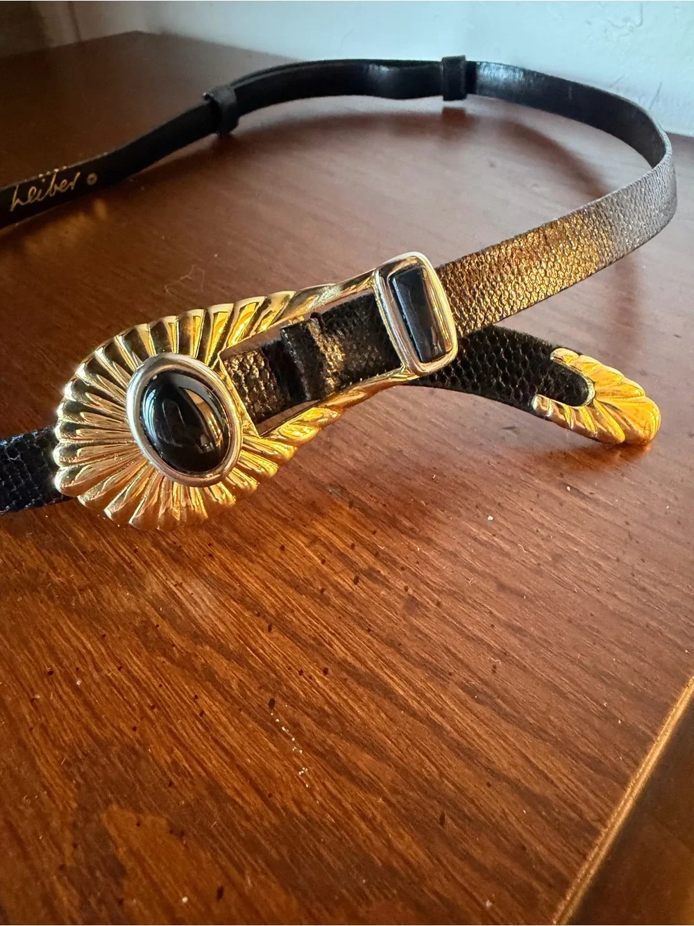 VTG Judith Lieber Black Lizard Belt Gold Sunburst Buckle W/Dust Bag
